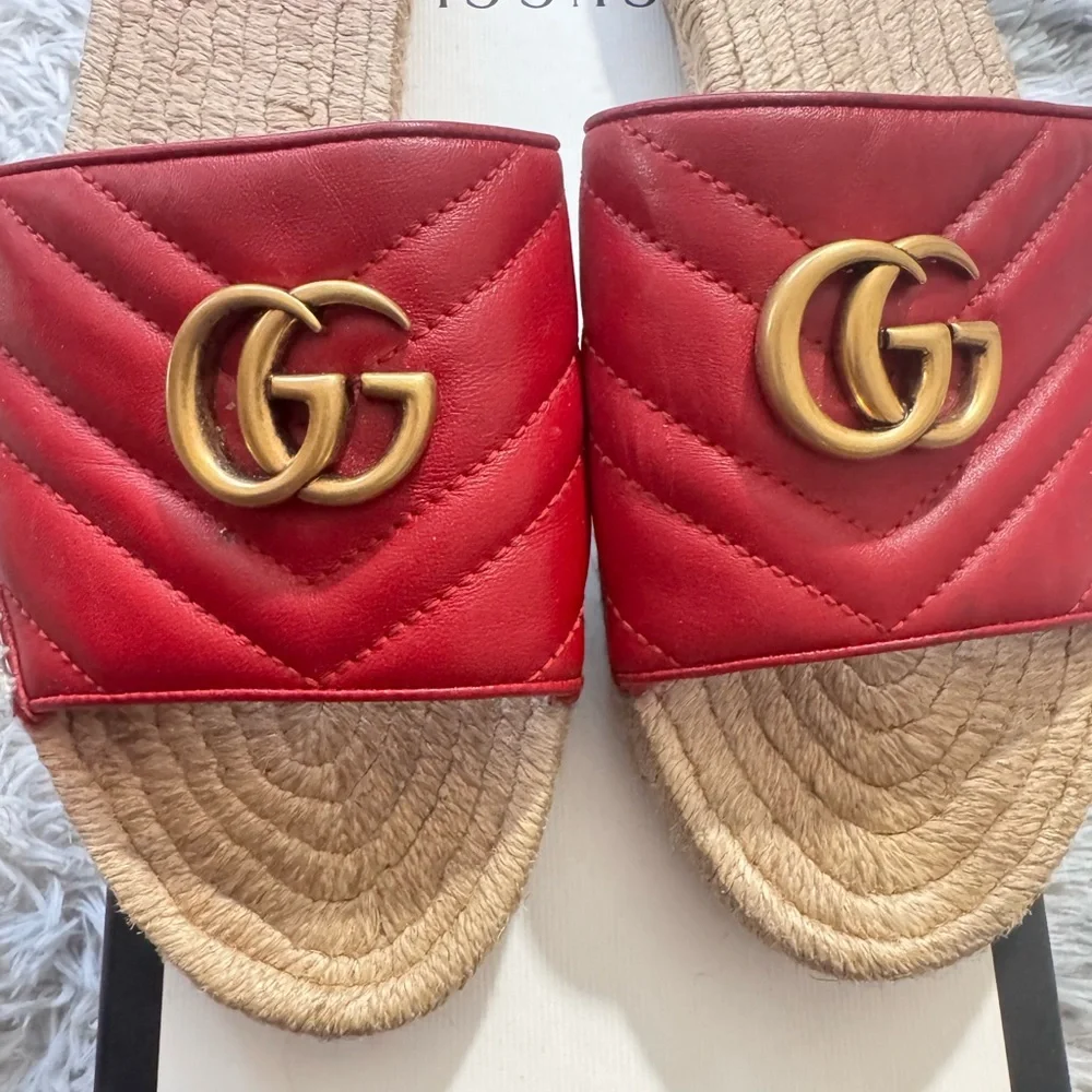 Gucci Red Leather GG Marmont Raffia Slides – Size 40.5 (FITS LIKE US 9) - Picture 5 of 11